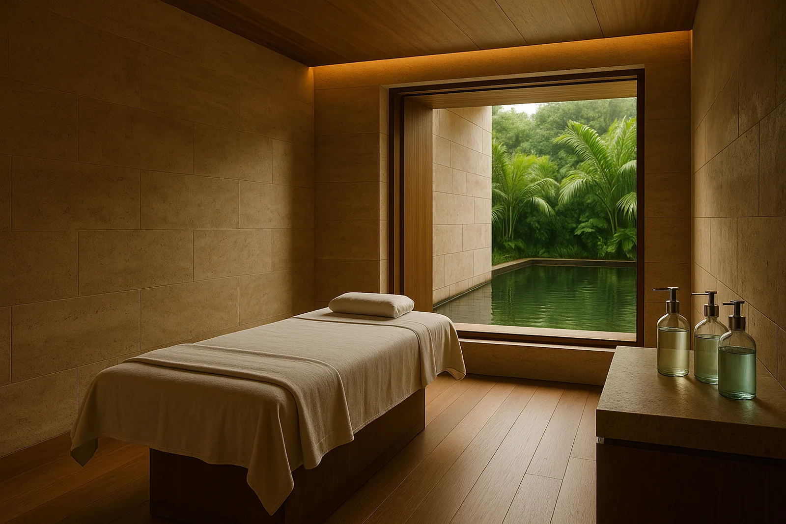 An empty stone and wood treatment suite with unlabeled glass bottles on a side table, looking out on water