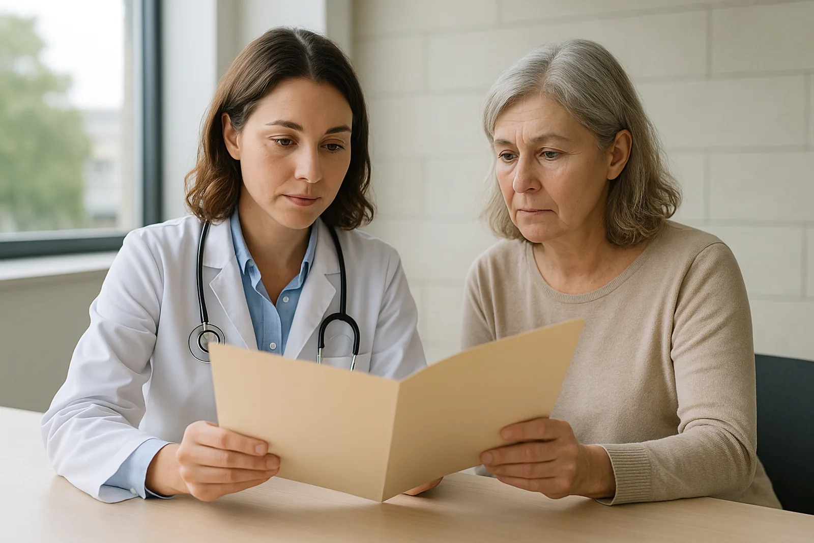 A physician and a patient review a folder together in a bright clinical suite