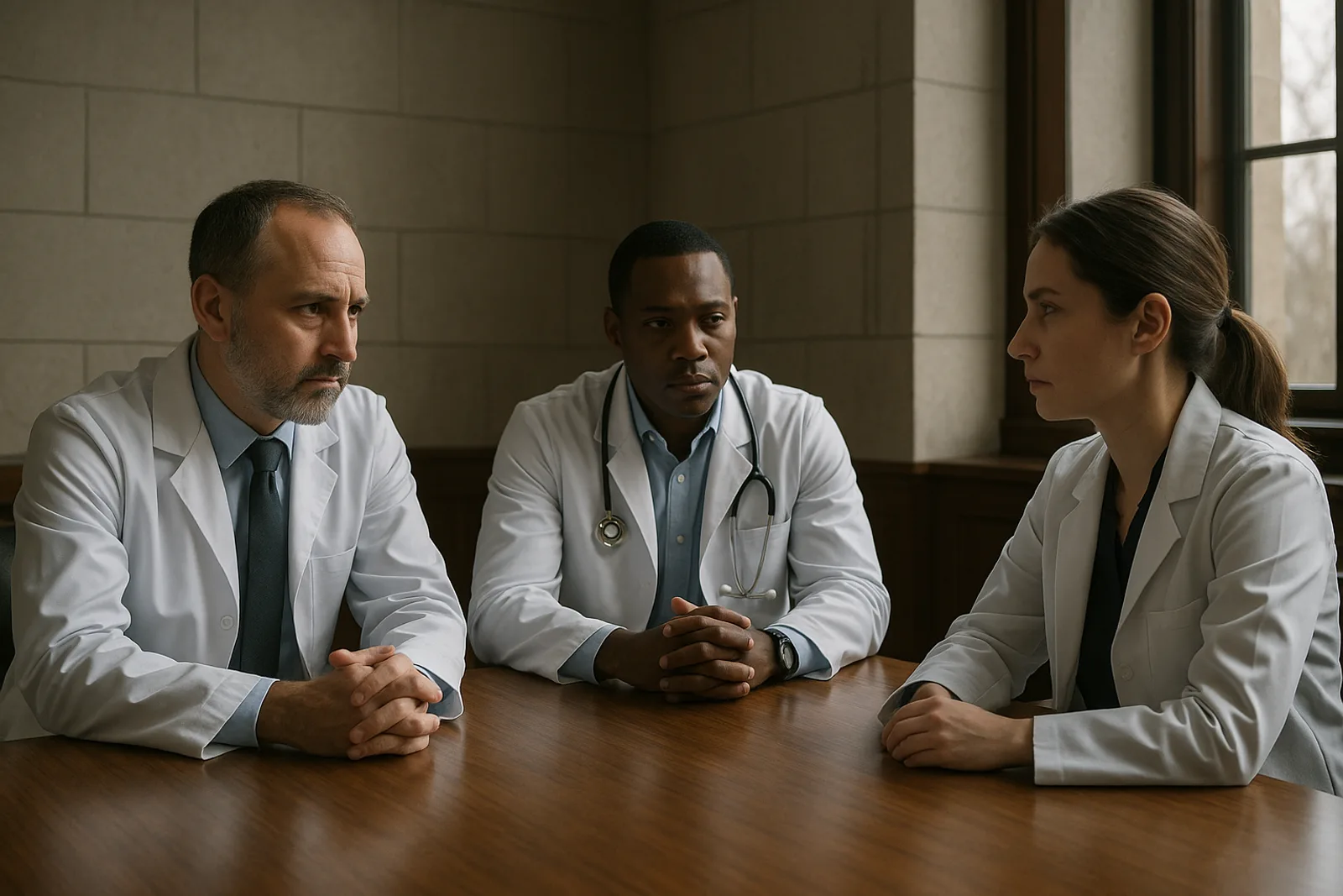 Three clinicians seated around a table in a clinical conference room