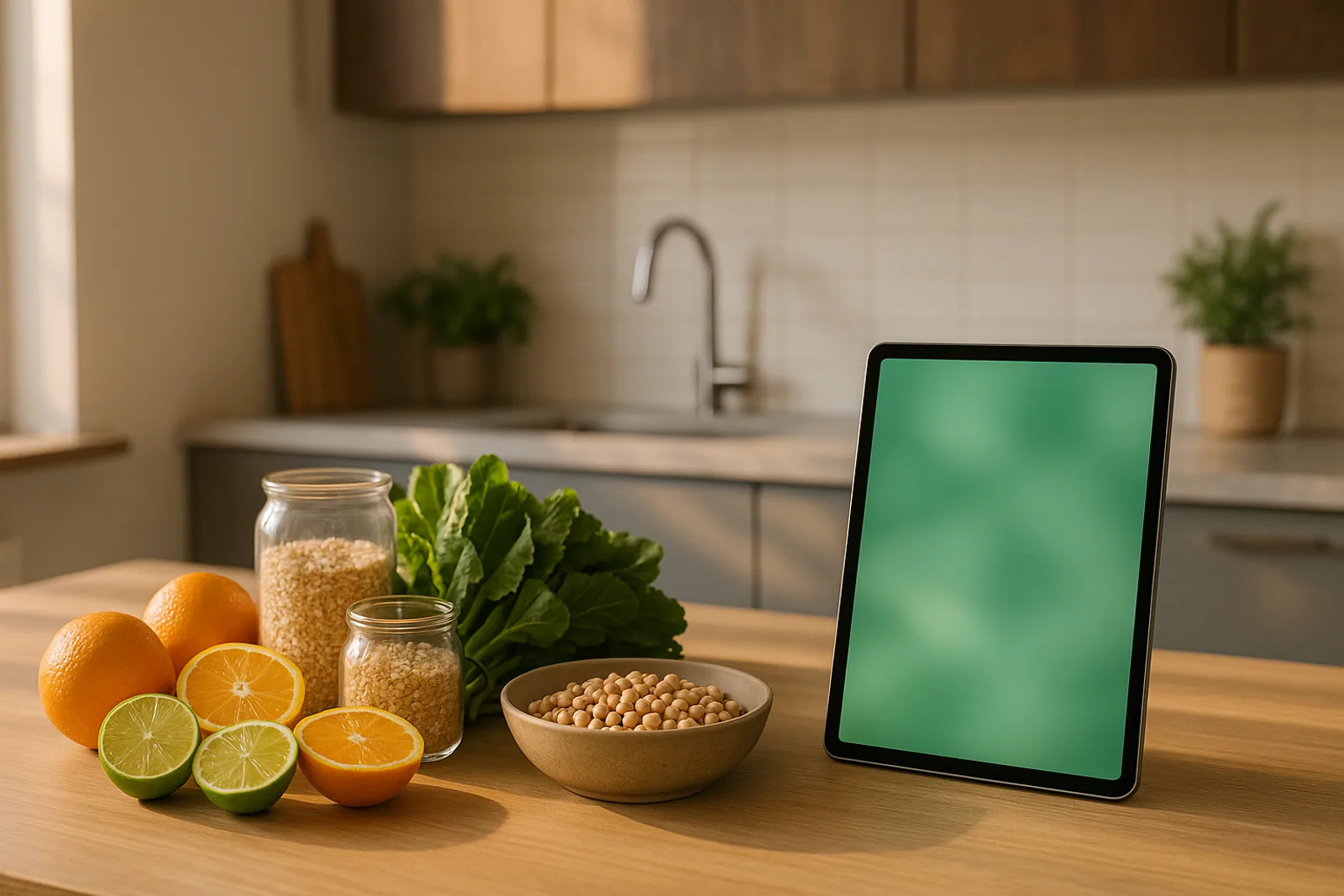 A morning kitchen with citrus, greens, grains, and a tablet showing an abstract green screen