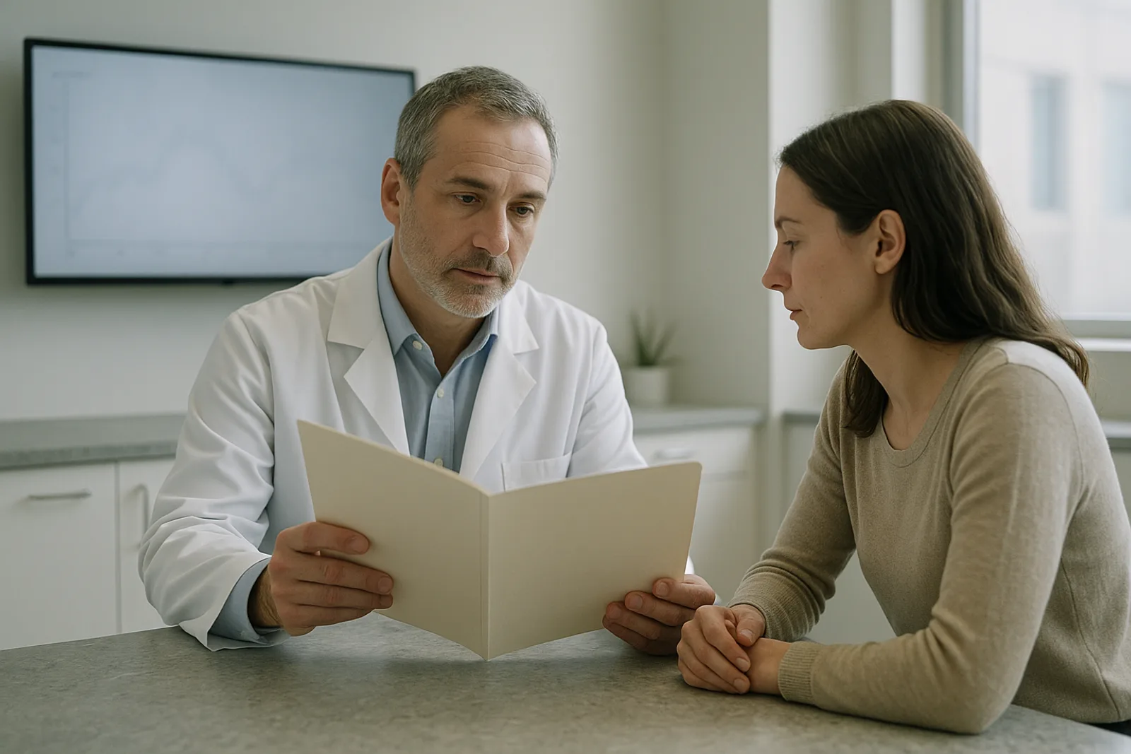 A physician and a patient review a biomarker folder in a clinical room