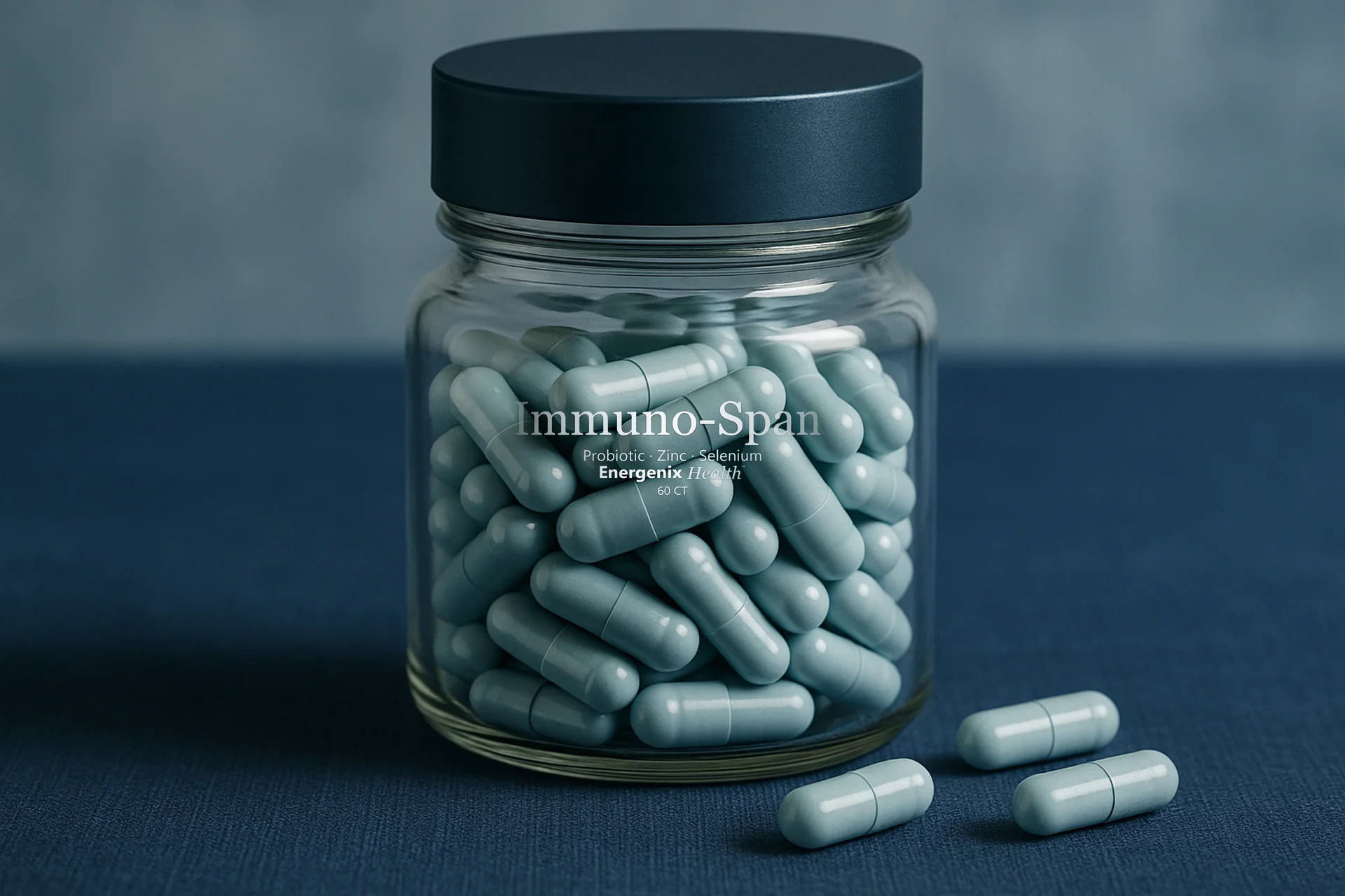 Immuno-Span capsules in a glass jar