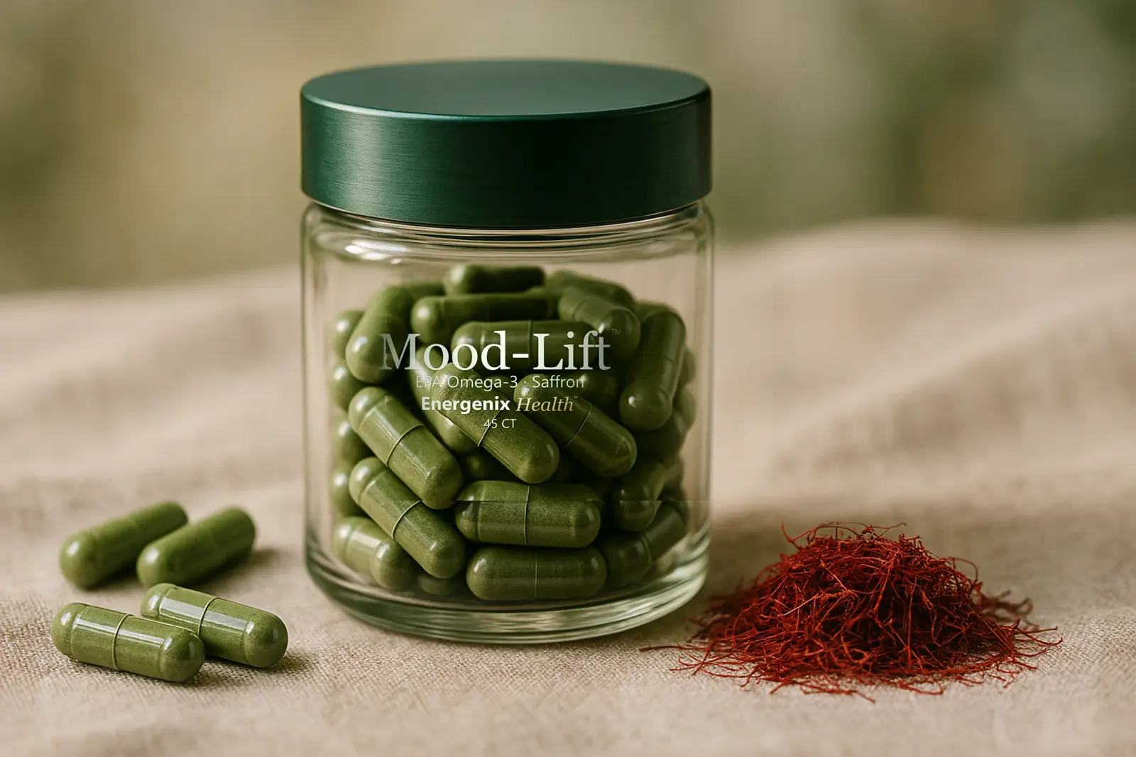 Mood-Lift capsules in a glass jar