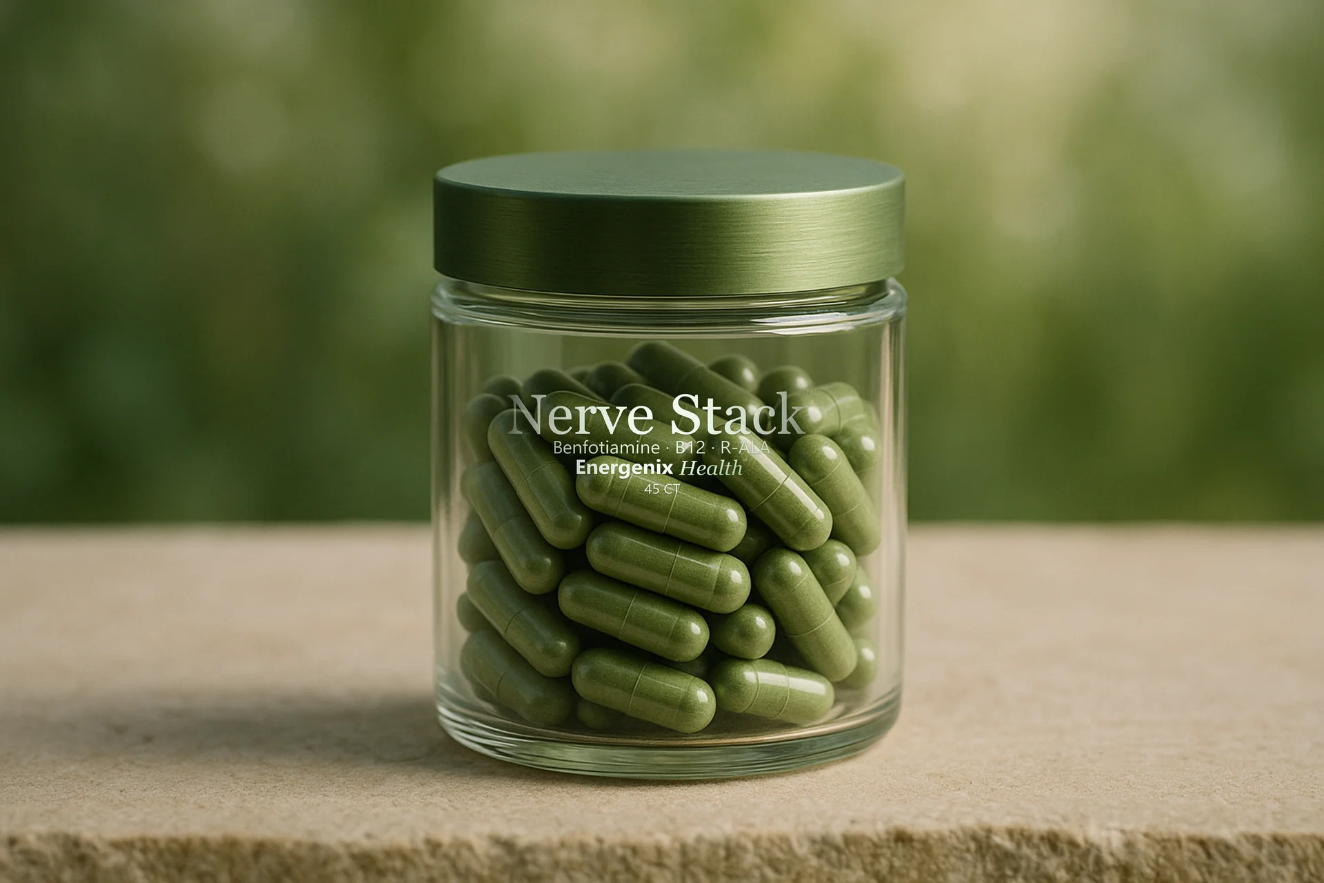 Nerve Stack capsules in a glass jar
