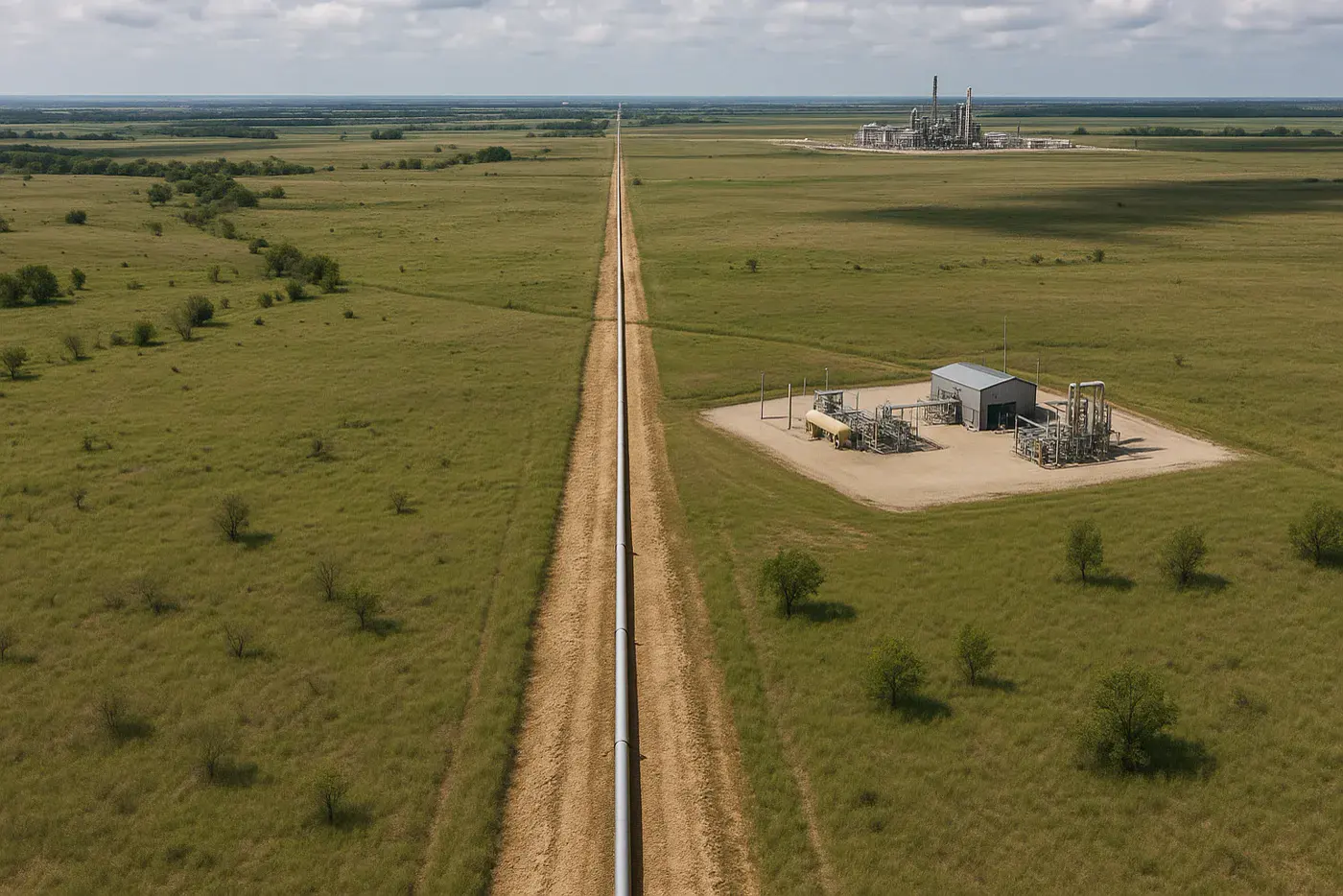 Aerial view of a gas gathering line and a compressor station