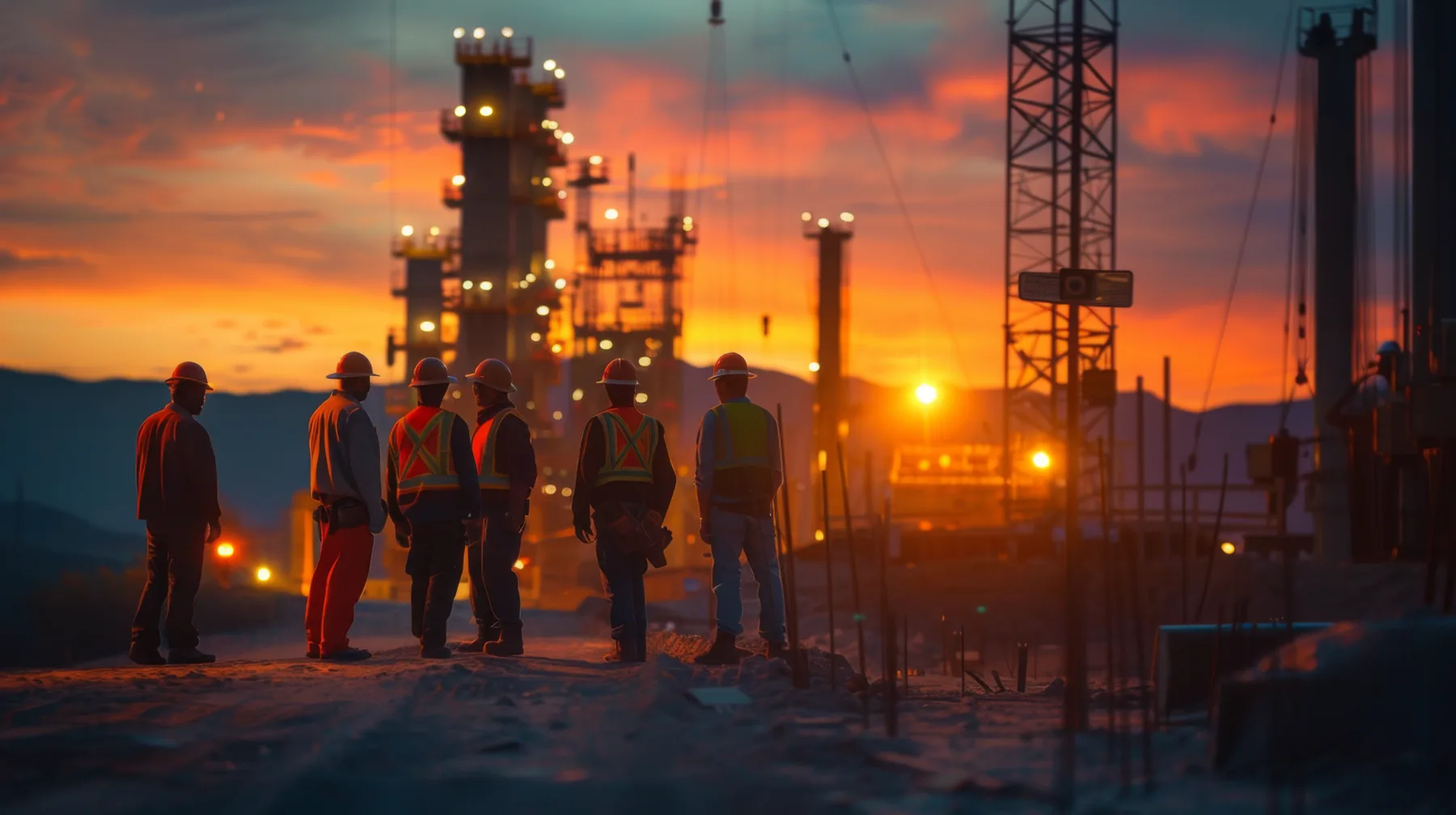 A gas plant lit at sunset