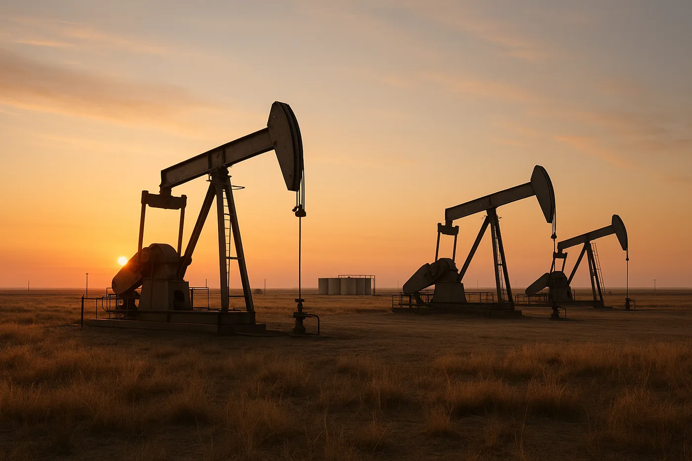 Operating pumpjacks in an oil field at dawn