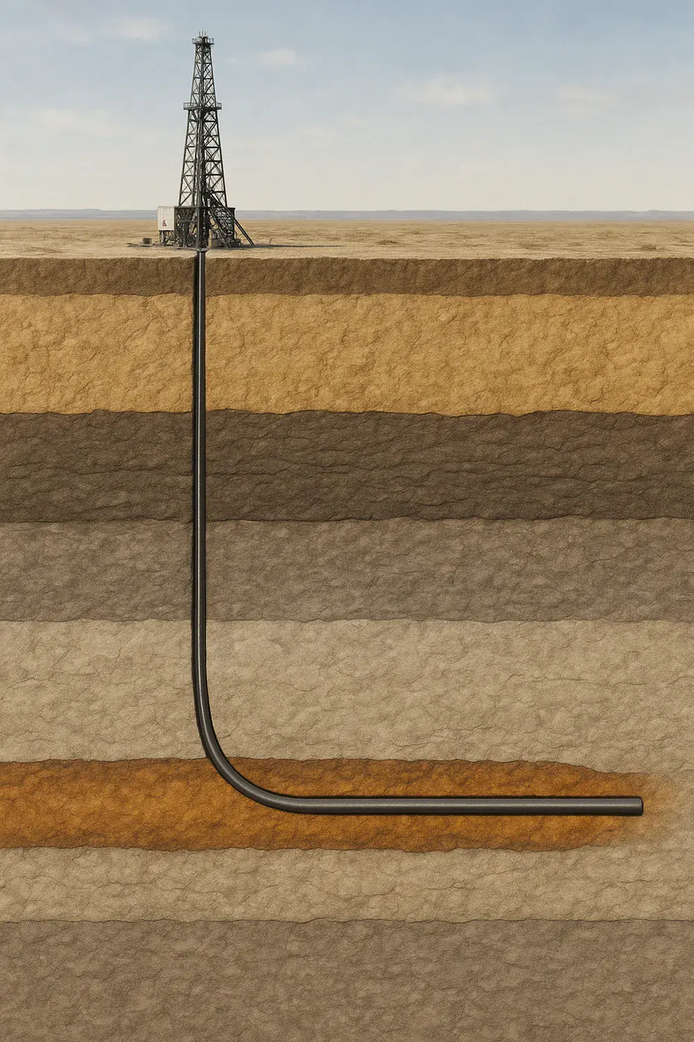 A cutaway of layered rock with a wellbore that turns from vertical to horizontal