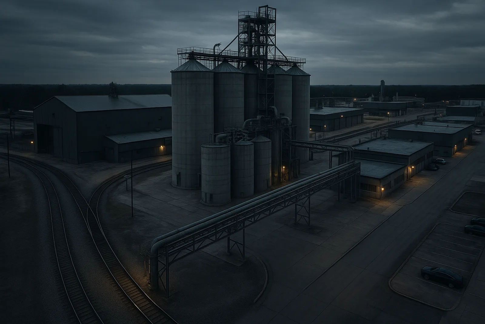 An aerial view of an industrial site with rail, silos, and pipe racks