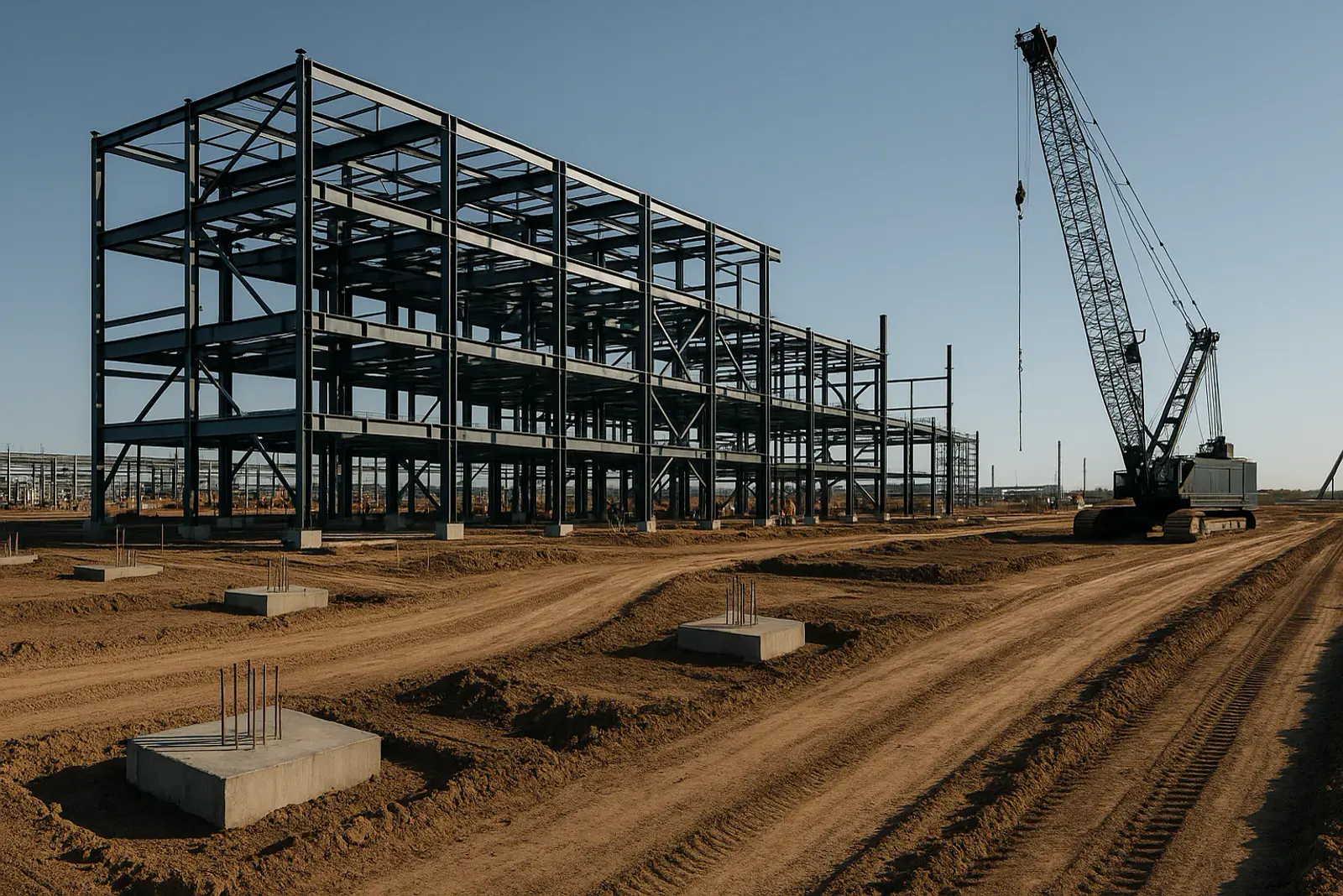 Structural steel and graded corridors at an industrial site under construction