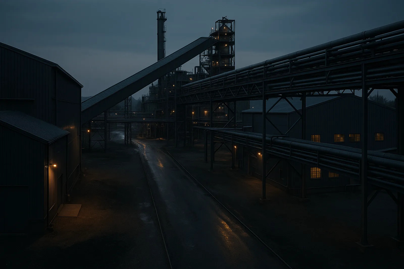 A connected industrial campus with buildings, roads, and a pipe rack