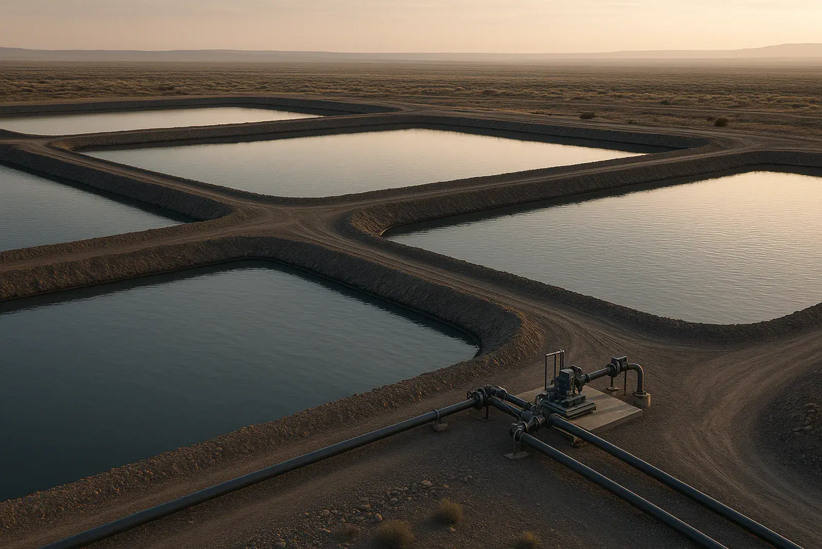 Industrial evaporation ponds with berms and service roads