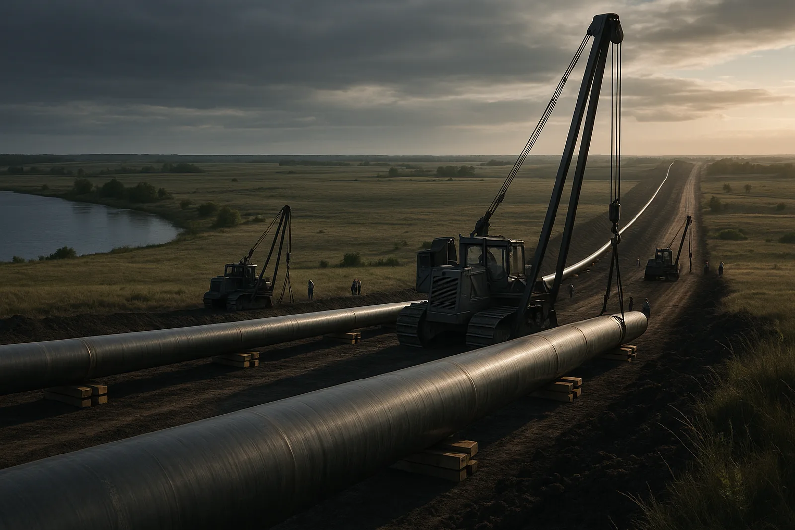 A long string of steel pipe on skids beside pipelayers