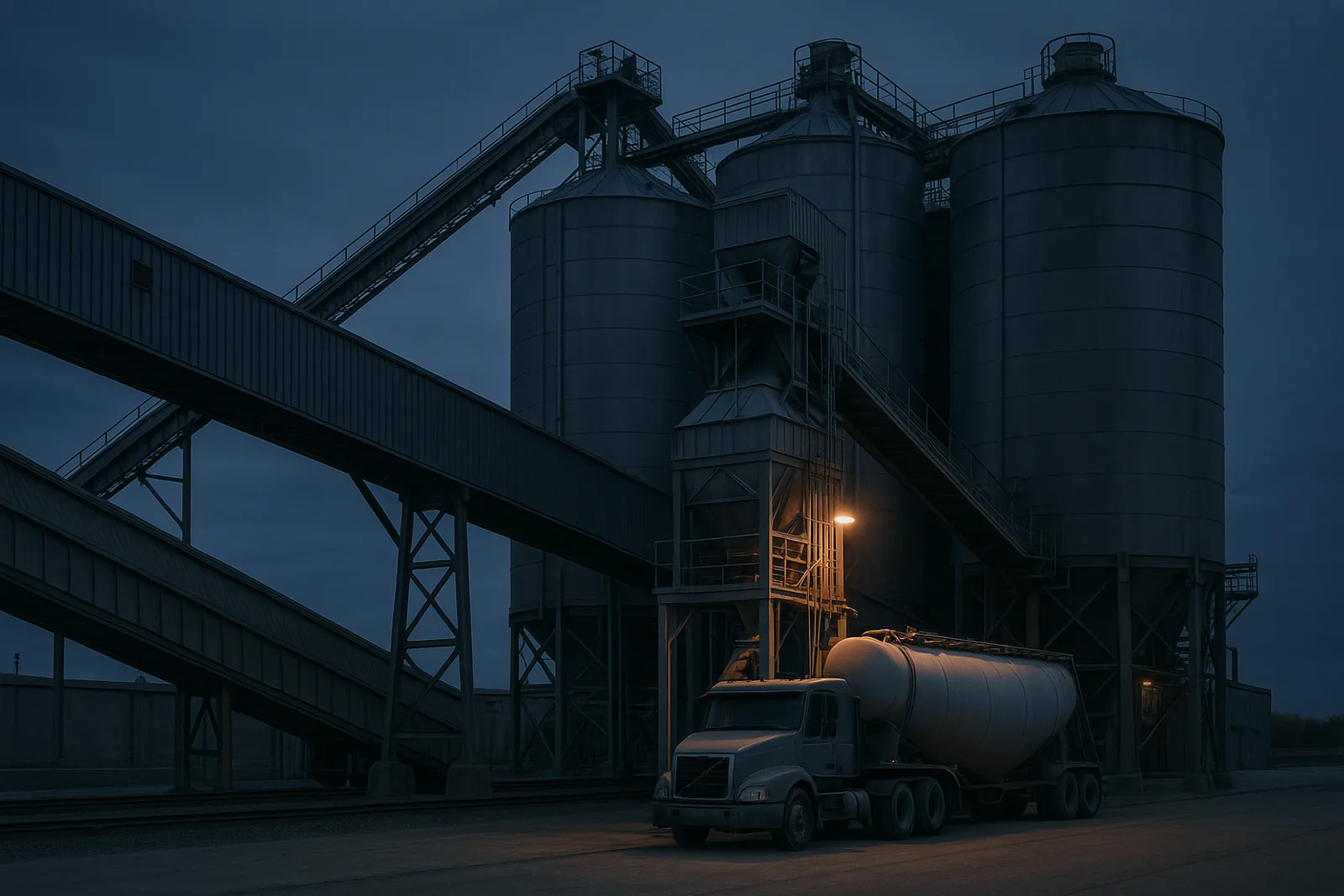 Steel silos, a rail spur, and a bulk truck at a powder-handling terminal