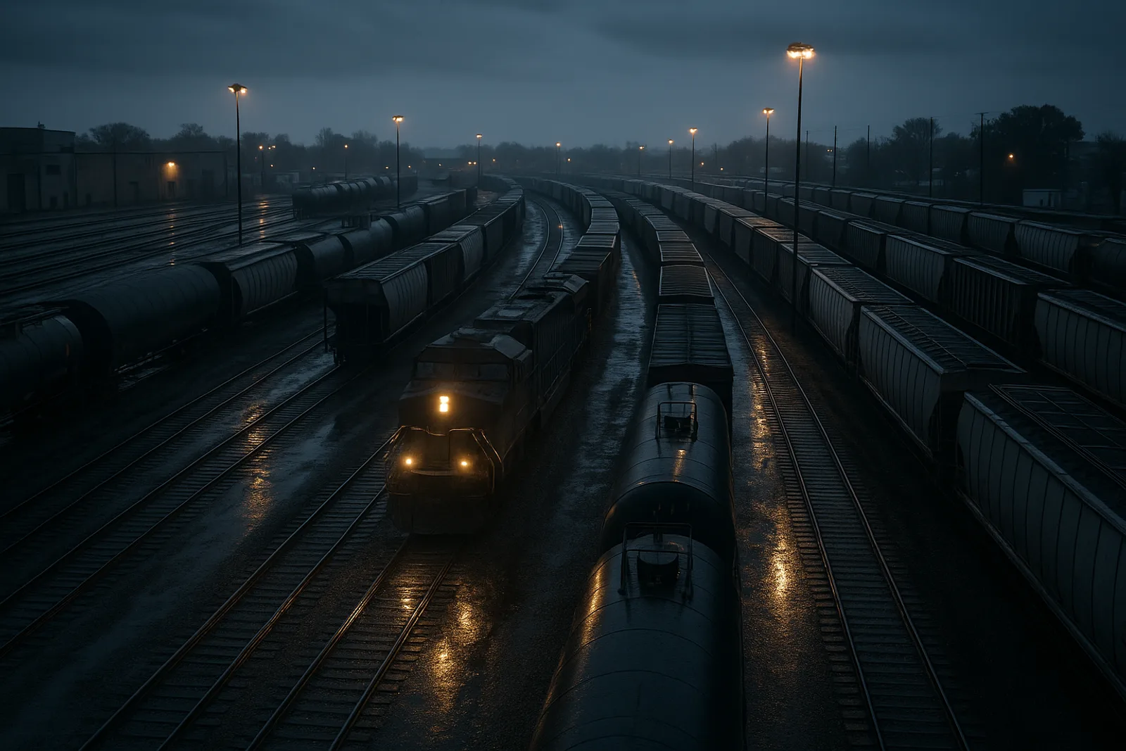 An industrial rail yard from above at twilight