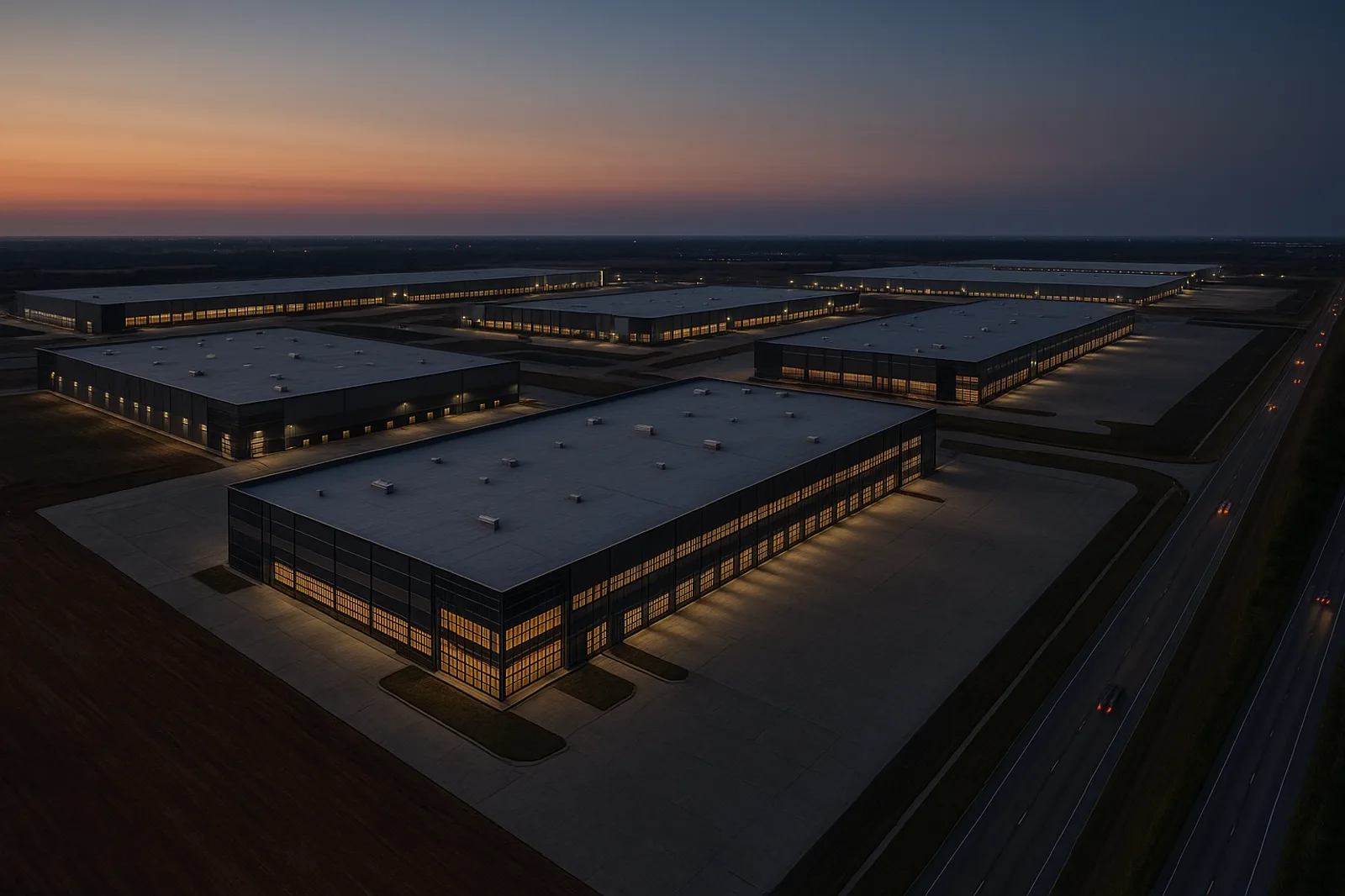 Aerial view of a large industrial campus at twilight