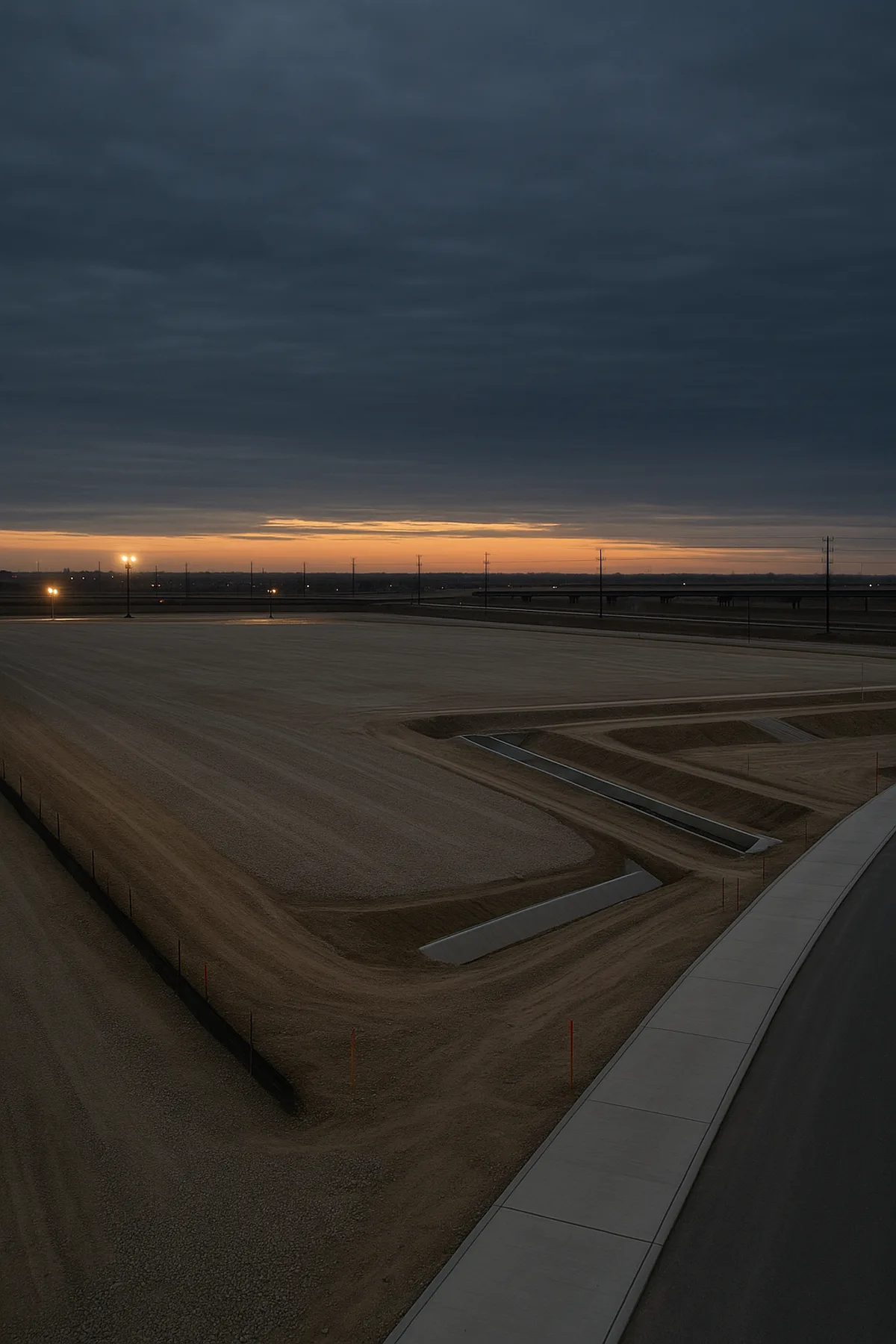 A prepared industrial site at dusk, with roads and drainage in place
