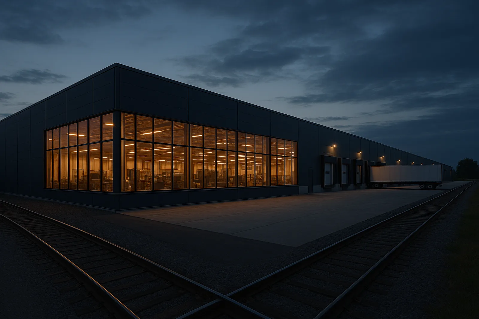 A manufacturing building at dusk, with a rail line and loading docks