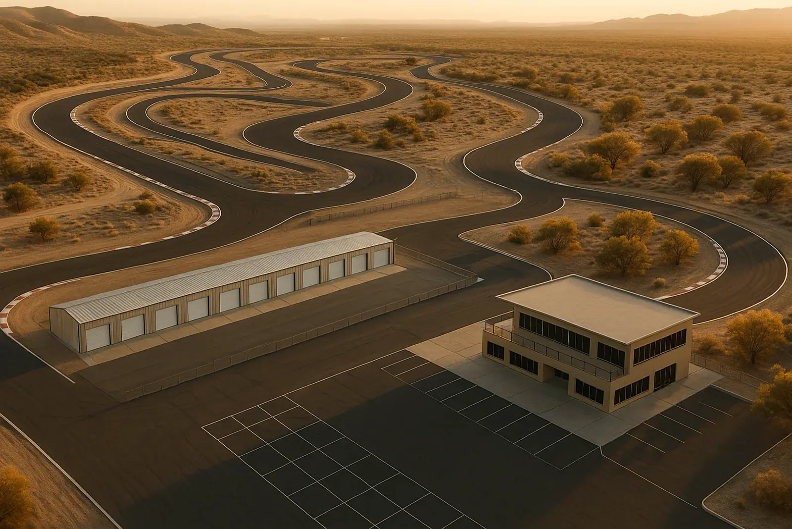 Aerial view of a private road course and paddock