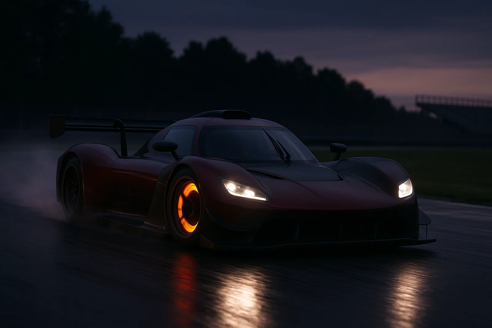 A closed-cockpit race car leaving a corner on a road course at dusk