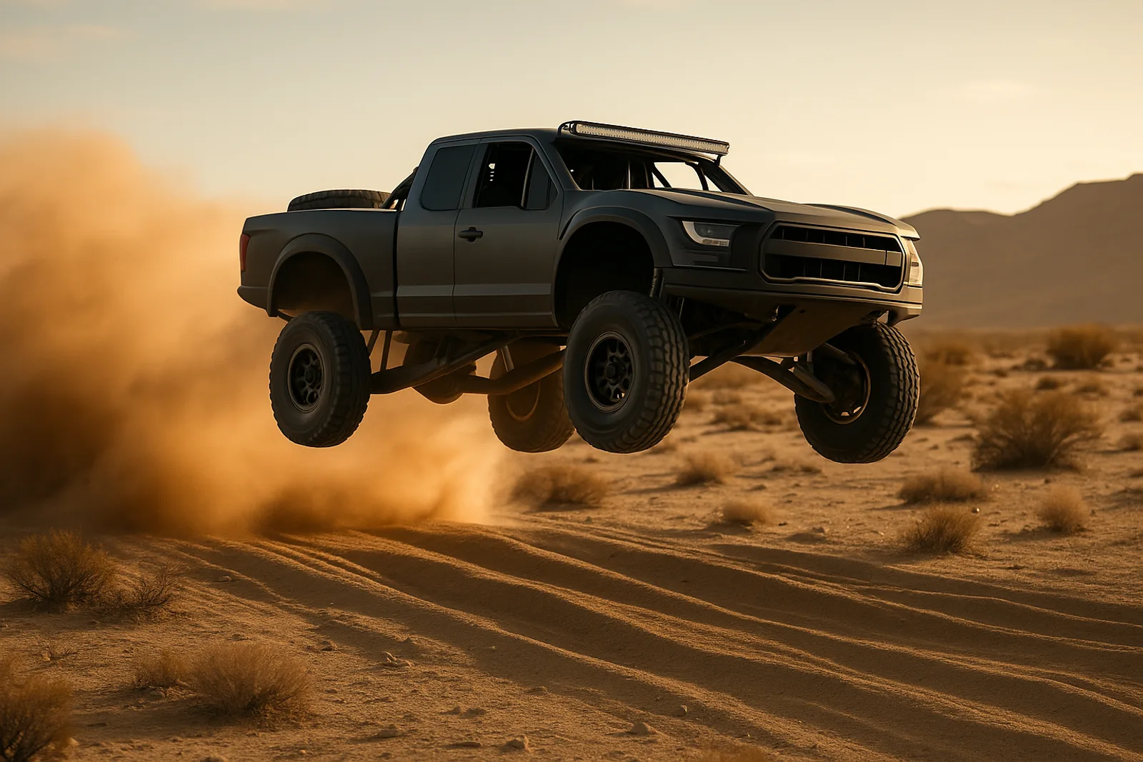 A trophy truck airborne over desert terrain