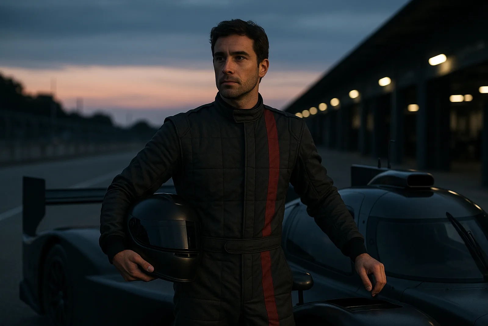 A driver standing beside a race car at twilight