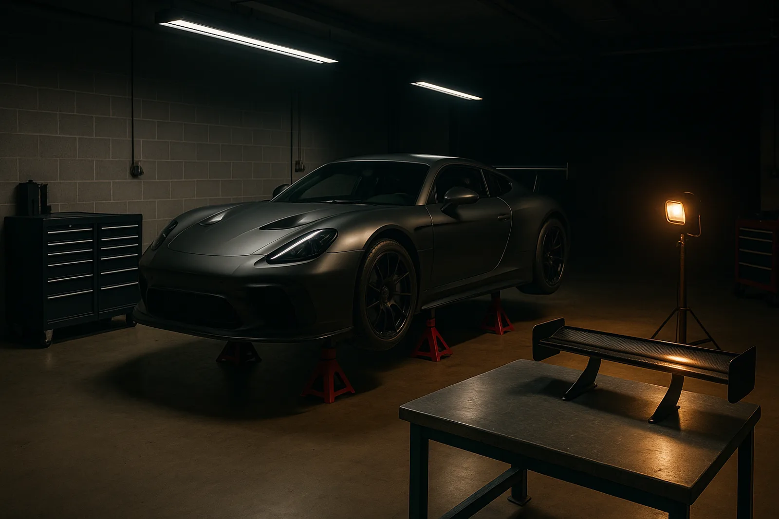An unmarked race car inside a team garage at night
