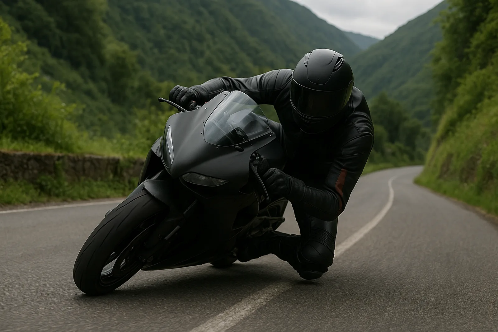 A motorcycle racer leaned into a mountain corner