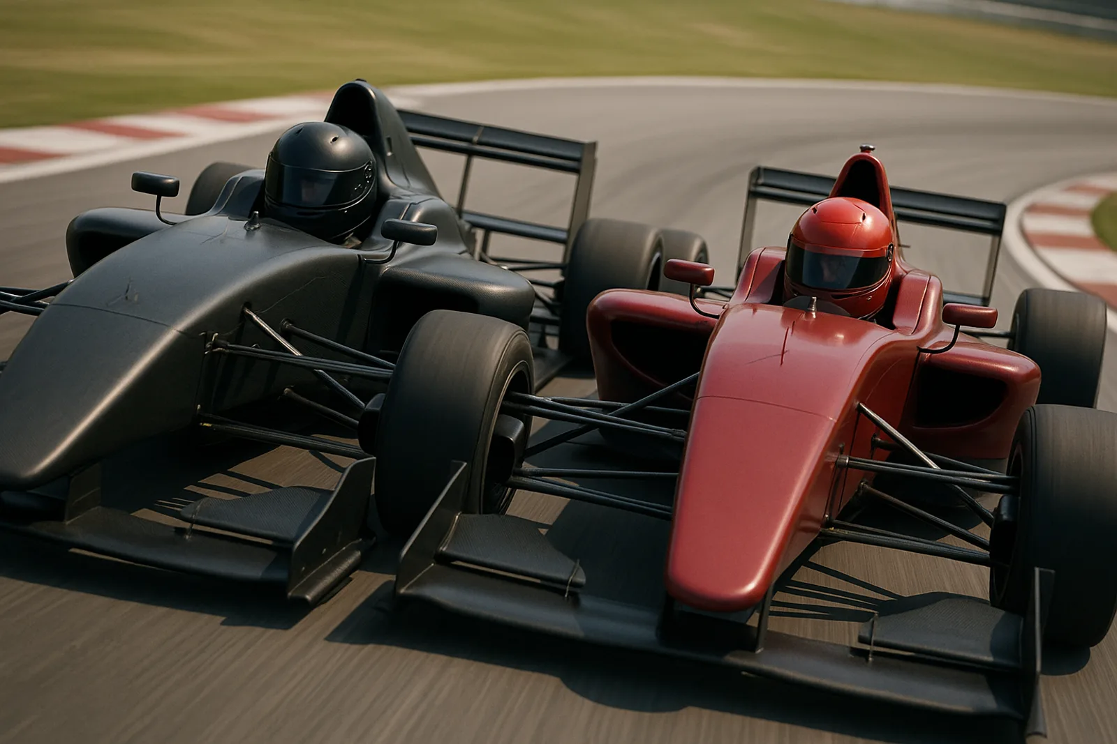 Two open-wheel cars in formation through a corner