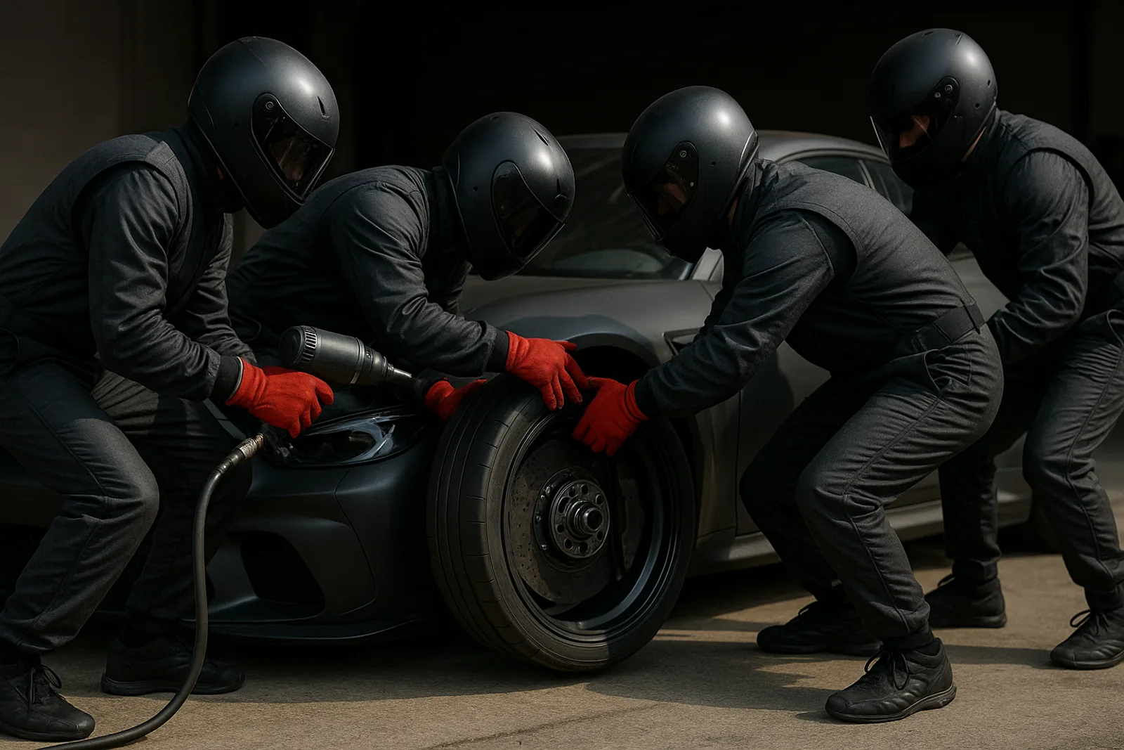 A pit crew working the front wheel of a race car